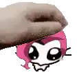 a hand is putting a pink cartoon character on top of a white background .