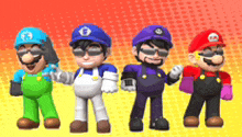 a group of four mario characters are standing next to each other on a yellow background .