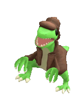 a green dinosaur wearing a brown jacket and a brown hat