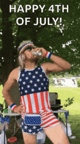 a man in an american flag outfit drinking a beer