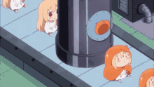 a group of anime characters sitting on a conveyor belt