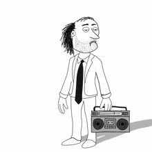 a black and white drawing of a man holding a boom box