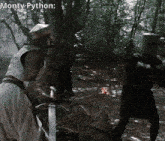 a man in a knight 's armor is holding a sword in a forest with the words monty python written above