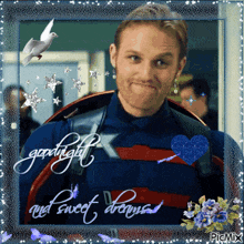 a picture of a man in a captain america uniform with the words goodnight and sweet dreams