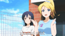 two anime girls standing next to each other with vio and mist written on the bottom right