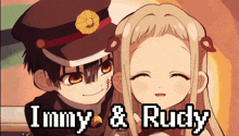 a boy and a girl are standing next to each other with the words immy & rudy written above them