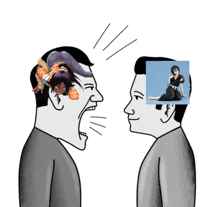 a cartoon of a man screaming with a picture of a girl on his head