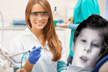 a female dentist is smiling in front of a picture of a boy sitting in a chair