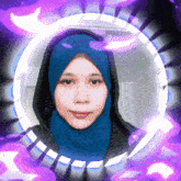 a woman in a blue hijab is surrounded by a purple circle