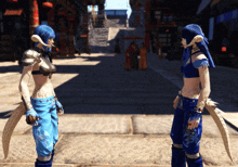 two women with blue hair are standing next to each other on a street