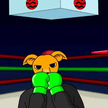 a cartoon dog wearing green boxing gloves is in a boxing ring