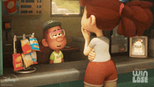 a disney plus ad for win lose shows a girl looking at a boy behind a counter