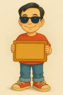 a boy wearing sunglasses is holding a sign that says ' ขอบคุณ ครับ '