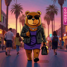 a cartoon of a teddy bear walking down a street with a sign that says roundy