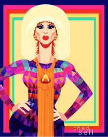 a colorful drawing of a woman with the name chad sell written on the bottom