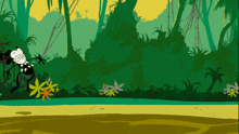 a cartoon of a monkey in a jungle with flowers in the foreground