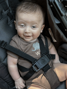 a baby wearing a brown shirt with an elephant on it is sitting in a car seat