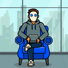 a cartoon of a man wearing a mask sitting in a blue chair