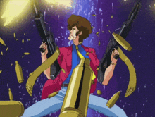 a man in a red jacket and blue tie is holding a gun