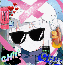 a girl wearing sunglasses is surrounded by monster energy drinks