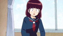 a girl in a school uniform is looking out a window