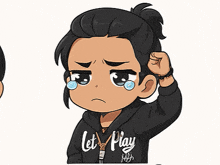 a cartoon drawing of a person wearing a black hoodie that says let play