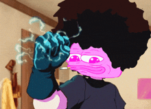 a cartoon character smoking a cigarette with a blue glove on
