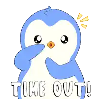 a blue and white penguin with the words time out on the bottom