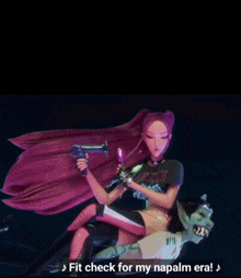 a cartoon girl with purple hair says " fit check for my napalm era ! "
