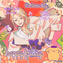 a picture of a girl with the words happy friday written on it