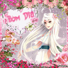 a girl with long white hair is surrounded by pink flowers and a sign that says bom dia