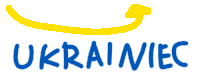 a blue and yellow logo for ukrainiec with a yellow arrow