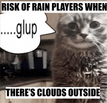 a cat with a speech bubble that says " risk of rain players when glup "