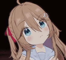 a girl with brown hair and blue eyes has a heart shaped hair clip