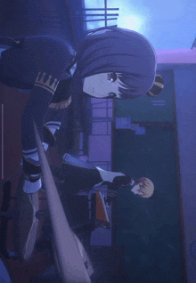 a couple of anime characters standing in a room with a clock on the wall