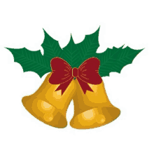 a pair of christmas bells with a red bow and holly