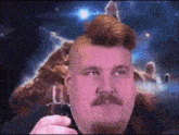 a man with a mohawk and a mustache is holding a cell phone in front of a space background .