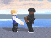 two roblox characters standing next to each other on a tiled floor