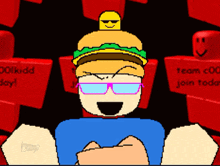 a cartoon character with a hamburger on his head and sunglasses