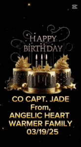 a happy birthday card with a black and gold cake