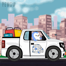 a cartoon of a penguin driving a truck with luggage in the back
