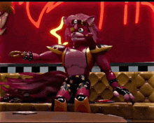 a cartoon character is sitting on a couch in front of a neon sign that says five nights at freddy 's