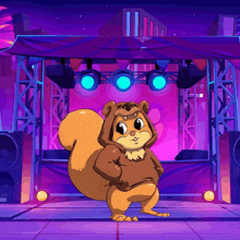 a cartoon squirrel wearing a hoodie stands on a stage