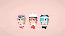 three cartoon characters are standing next to each other with one wearing a white shirt that says ' fiiii '