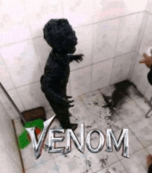 a child is covered in venom and is standing in a bathroom