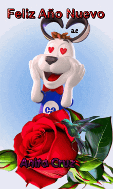 a picture of a dog with hearts in his eyes and the words feliz ano nuevo written above it