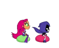 a cartoon of starfire and raven sitting on bouncy balls on a white background