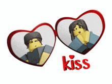 a couple of heart shaped mirrors with the word kiss below them