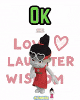 a cartoon girl with sunglasses and a red dress says ok