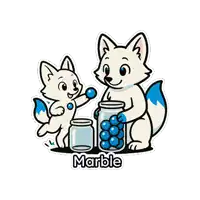 a cartoon illustration of two foxes with jars of blue marbles
